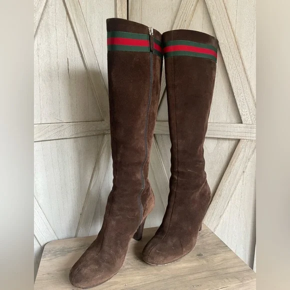 Gucci tall brown suede leather boots with classic web detail size 37 - Picture 2 of 15